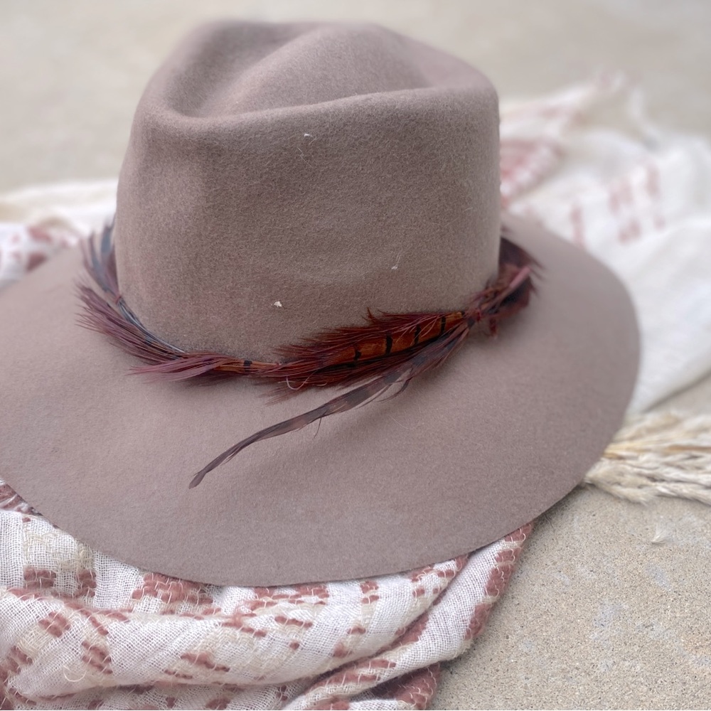 Michael Stars Camel Wool Rancher hat with pheasant feather trim